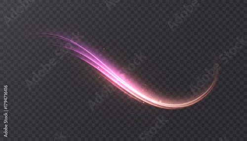 A brilliant bright pink glowing curved line with a magical light effect. Glow effect for game interface design on a black background.