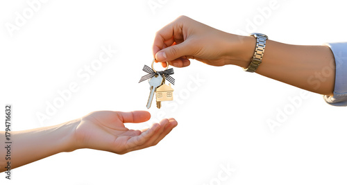 Bild auf Leinwand Hand Handing Over House Keys with House Keychain to New Owner