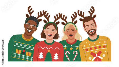 Joyful Gathering: A festive group celebrates the holiday spirit, their faces lit with merriment, and wearing matching antlers. Capturing a moment of unity, joy, and togetherness.