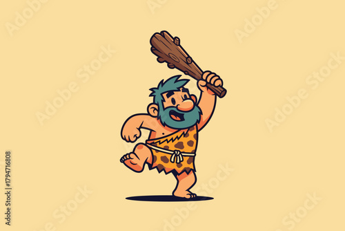 Caveman Character Holding a Wooden Club in a Fun Cartoon Style.