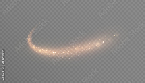 Golden magical comet light effect with lots of sparkling bokeh and twinkling light effects. Magical golden trail for web design and fairy tale decor. Vector
