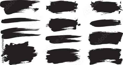 Grunge Hand Drawn Ink Brush Stroke Isolated on White Background. Paintbrush line with rough edges. Stain for backdrops. Freehand doodle line borders. Black splashes