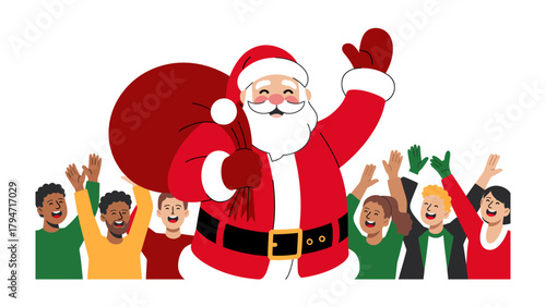 Holiday Cheer: Santa Claus, embraced by joyfully reaching children, spreads holiday spirit, embodying the magic of festive season. 