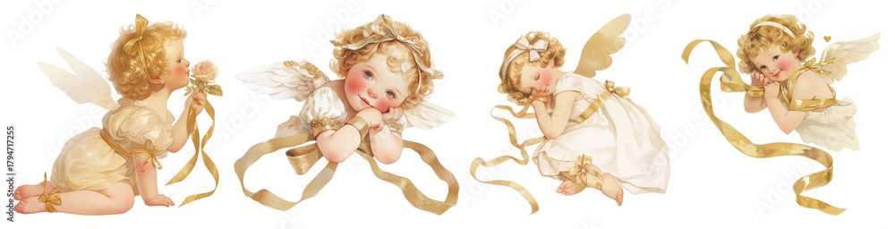 Fototapeta premium PNG Vintage cherubic angel illustrations, element set on transparent background