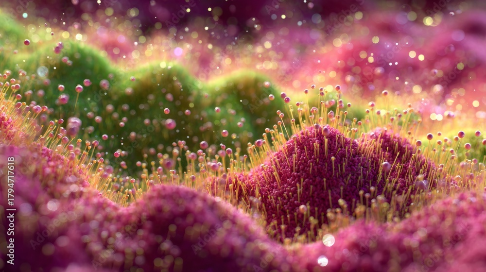 Fototapeta premium Abstract organic landscape with tiny pink and green spiky forms and sparkling golden bokeh creating a magical fantasy