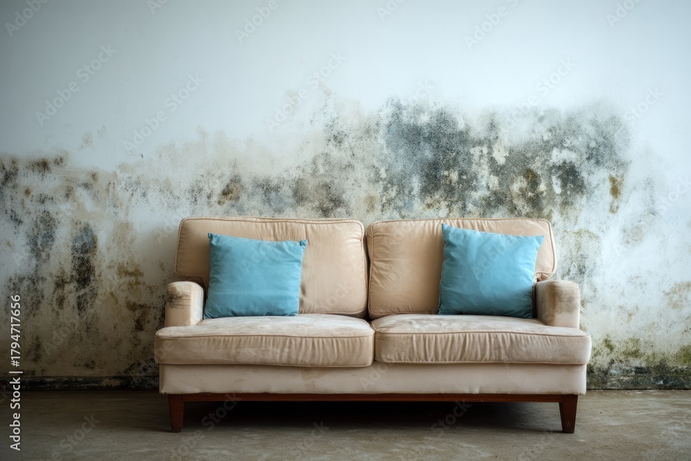 Fototapeta premium Couch and pillows against a distressed wall