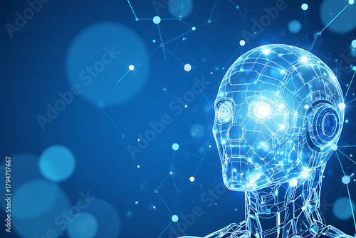 Futuristic AI robot head glowing with artificial intelligence and digital connections