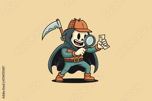Grim Reaper Detective Investigating Clues with Magnifying Glass