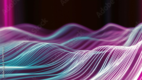 3D electric-style light waves in lavender, purple and cyan tones over dark futuristic backdrop. Smooth abstract curves convey motion, speed, and modern tech concept.