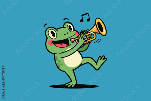 Cute cartoon frog playing trumpet with musical notes.