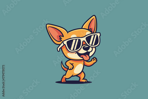 Cute Chihuahua Dog Wearing Sunglasses and Walking Happily.