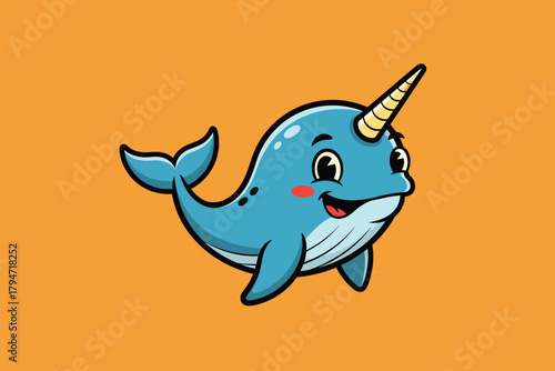 Cute Cartoon Narwhal with a Single Horn.