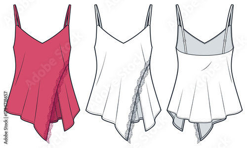 Lace trim Top fashion flat sketch. Spaghetti Straps Top fashion flat technical drawing template, bias cut, front and back view, white, red, women CAD mockup.