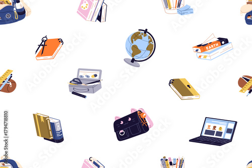Repeatable pattern of books, backpacks, stationery and items for studying. Endless background of different supplies for children's learning. Back to school decor. Flat seamless vector illustration