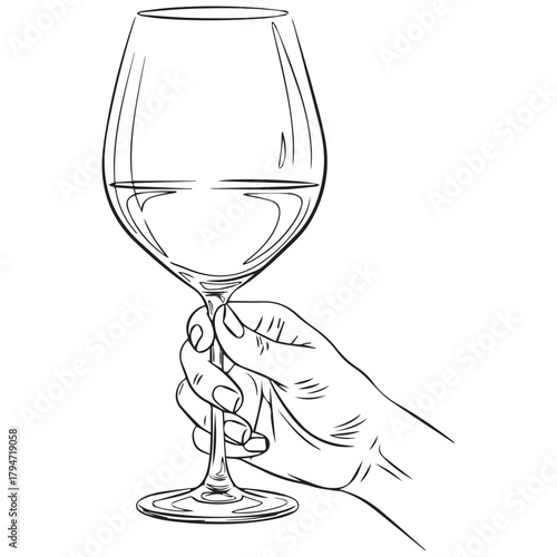 Hand Holding a Wine Glass with White Wine Illustration.