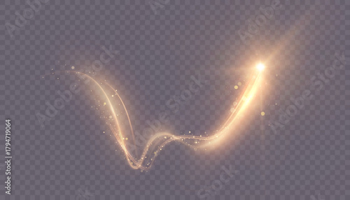 A golden, sparkling trail of light from a comet with a bright, glowing tail. Soft, shimmering particles form the curved trajectory of the glowing comet to create magical overlays.