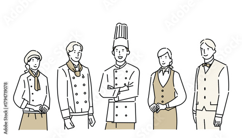 レストランのコック、シェフ，パティシエ、ウェイターウェイトレスのユニフォームー服装ーイラスト素材