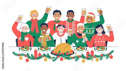 Holiday Feast: A diverse group of friends and family gather around a festive dinner table, clinking glasses in a joyous toast, embodying togetherness, warmth, and the spirit of celebration.