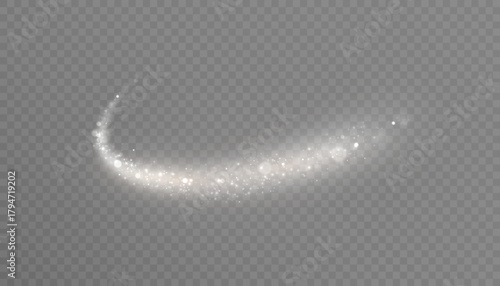 A white, translucent, curved light trail with sparkles and a soft glow on a transparent background. A vibrant, arcing swirl with glitter dust for overlays, titles, and abstract designs.