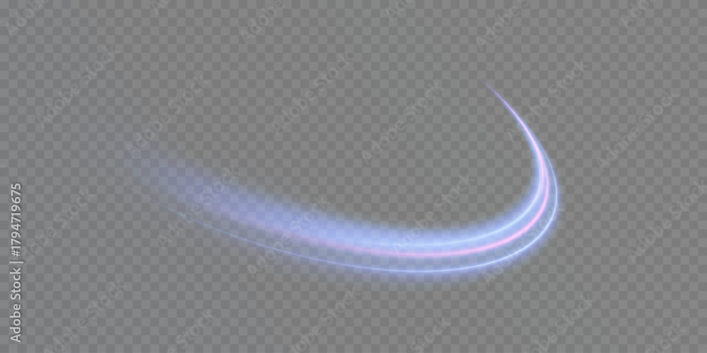 Obraz premium A bright blue glowing curved line with a magical light effect. A glowing effect for game interface design on a light background. 