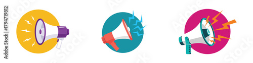 Set of colorful megaphone icons loudspeaker symbol vector illustration communication, announcement, promotion, and advertising concept on transparent background