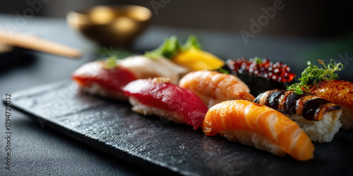Fresh nigiri sushi assortment on dark slate with salmon, tuna, shrimp, roe and garnishes, elegant omakase plating evokes delight and appetite