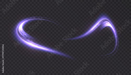 Glowing purple curved light trails on a black background. Bright light effects for highlighting and light overlays.
