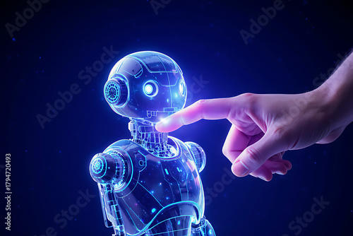 Gentle human finger touches glowing robot face, symbolizing future connection and artificial intelligence