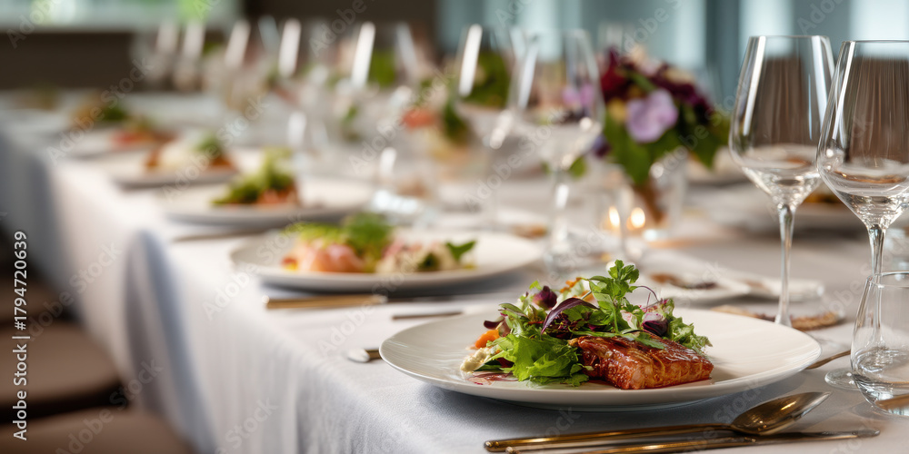 Fototapeta premium Elegant fine dining table with plated gourmet fish and salad, soft candlelight and glassware creating warm inviting atmosphere