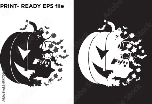 Distressed vector design of a grinning jack-o'-lantern exploding with bats, ghosts, and spiders, in stark black and white, conveying dynamic Halloween, spooky chaos, and graphic motifs for print