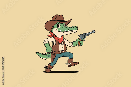 Cartoon Cowboy Alligator Holding a Revolver Gun.