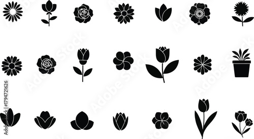 set of black silhouettes of flowers