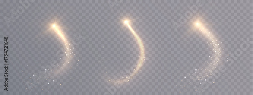 A golden magical comet effect with multiple sparkling bokeh and shimmering light effects. A magical golden wind for web design and fairy tales. Vector.	