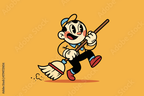 Cartoon boy happily sweeping with a broomstick.