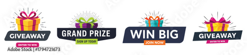 Set of giveaway banner icons gift box symbol vector illustration promotion, advertising, and marketing concept win big, grand prize, enter now on transparent background
