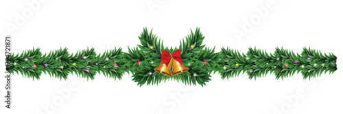 Christmas tree decorations with bells and red ribbons. Realistic pine branches with sparkling and shining Christmas lights. Vector illustration.