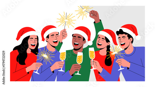 Joyful Festivities: A group of friends celebrates the holiday season with champagne, sparklers, laughter, and cheer. A vibrant scene filled with excitement and merriment.