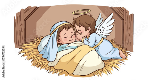 Adorable baby Jesus sleeps peacefully in manger as an angel whispers blessings, evoking warmth and spiritual wonder for holiday themes