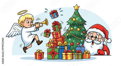 Joyful angel announces Christmas cheer with Santa and a tree surrounded by festive gift boxes, spreading holiday magic