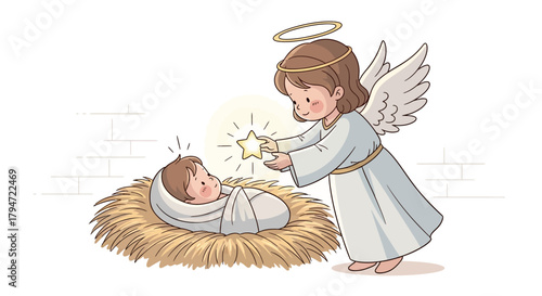 Sweet angel offers glowing star to adorable baby Jesus nestled in straw manger, a tender nativity scene