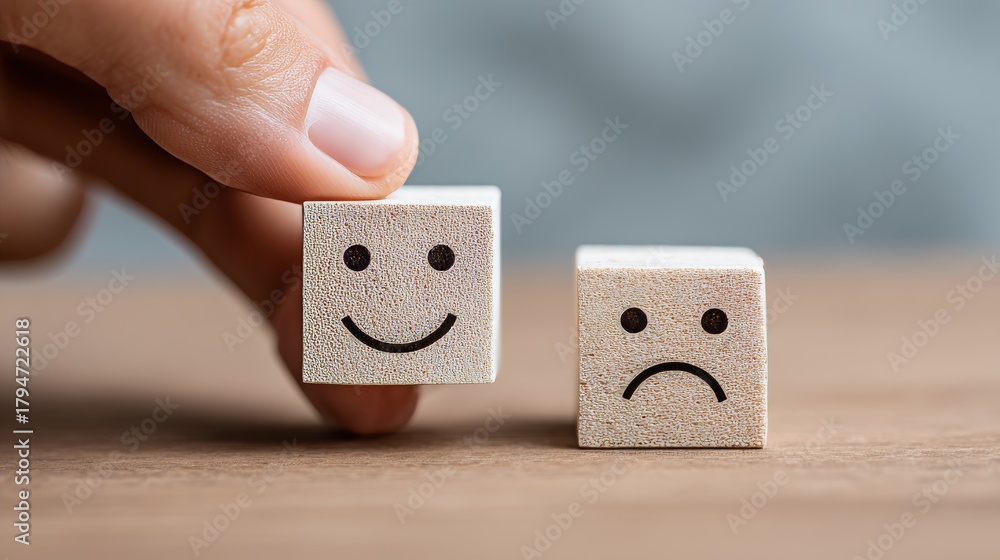 Fototapeta premium happy face cube, unhappy face cube, concept: World Mental Health Day, Feedback rating, Customer service review