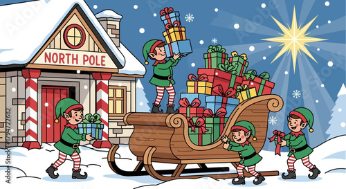 Merry elves load festive gifts onto a sleigh at the North Pole workshop under a starry winter sky