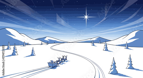 Santa's sleigh dashes through a snowy winter wonderland under a bright star, spreading holiday cheer across the peaceful landscape this Christmas eve