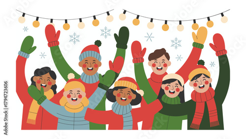 Winter Gathering: Joyful faces, adorned with hats and mittens, raise their hands in unity beneath a strand of festive lights and falling snowflakes, embodying the spirit of winter celebration.