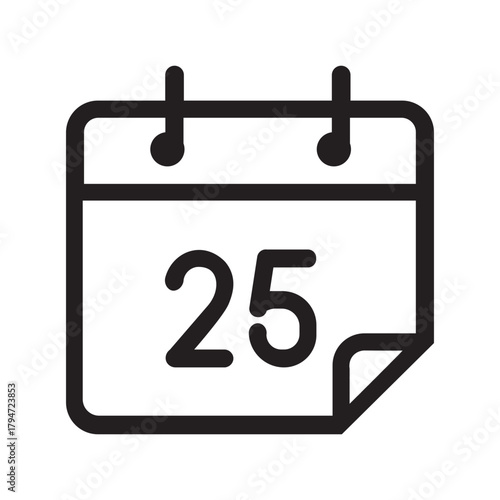 Simple line icon of a calendar page showing the twenty-fifth day Christmast