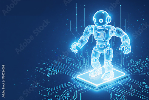 Futuristic humanoid robot illuminated on a glowing circuit board, symbolizing AI and technology.