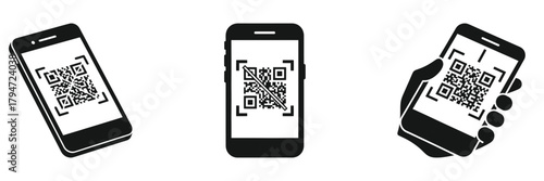 Three smartphones displaying qr codes, one held in a hand, all in black and white, offering a modern solution for information sharing and digital interaction on transparent background
