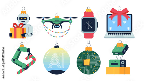 Tech Christmas ornaments: A festive set of tech-themed Christmas ornaments, perfect for the holiday season, each ornament is designed, representing technology.