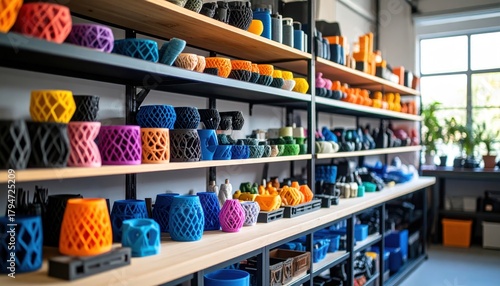 3D Printed Objects with Various Colors, Shelves, and Workshop Interior.