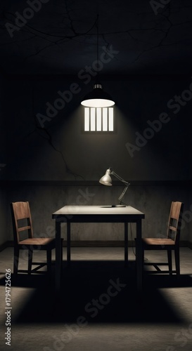 Empty interrogation room with a table, two chairs, and a window with bars, creating a tense atmosphere. Concept of crime investigation and legal procedure.